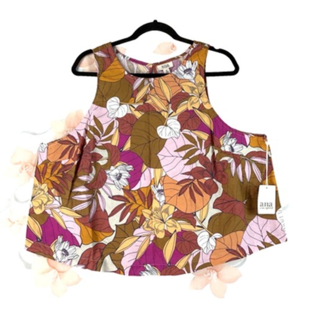 ana A New Approach Top Womens 1XLarge Orange Brown Tropical Print Sleeveless New